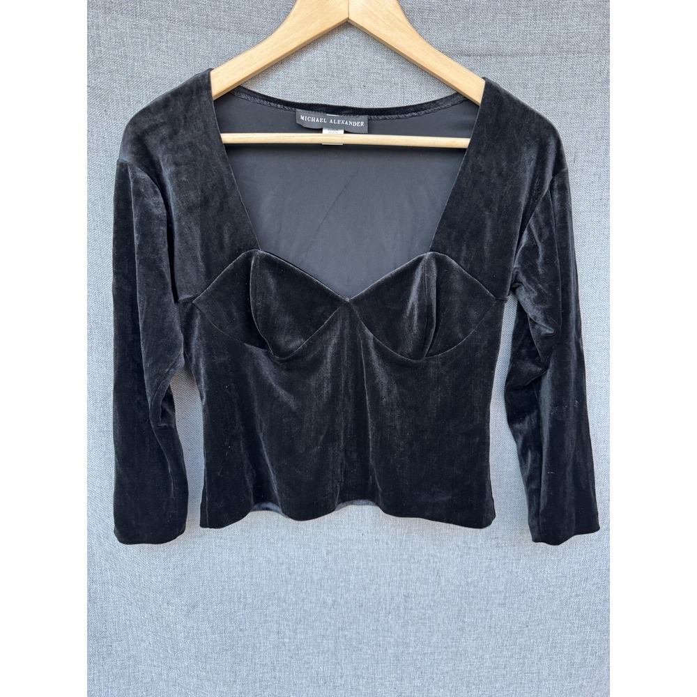Y2K Vtg Womens‎ Velvet Top Long Sleeve Black Large Crop Michael Alexander